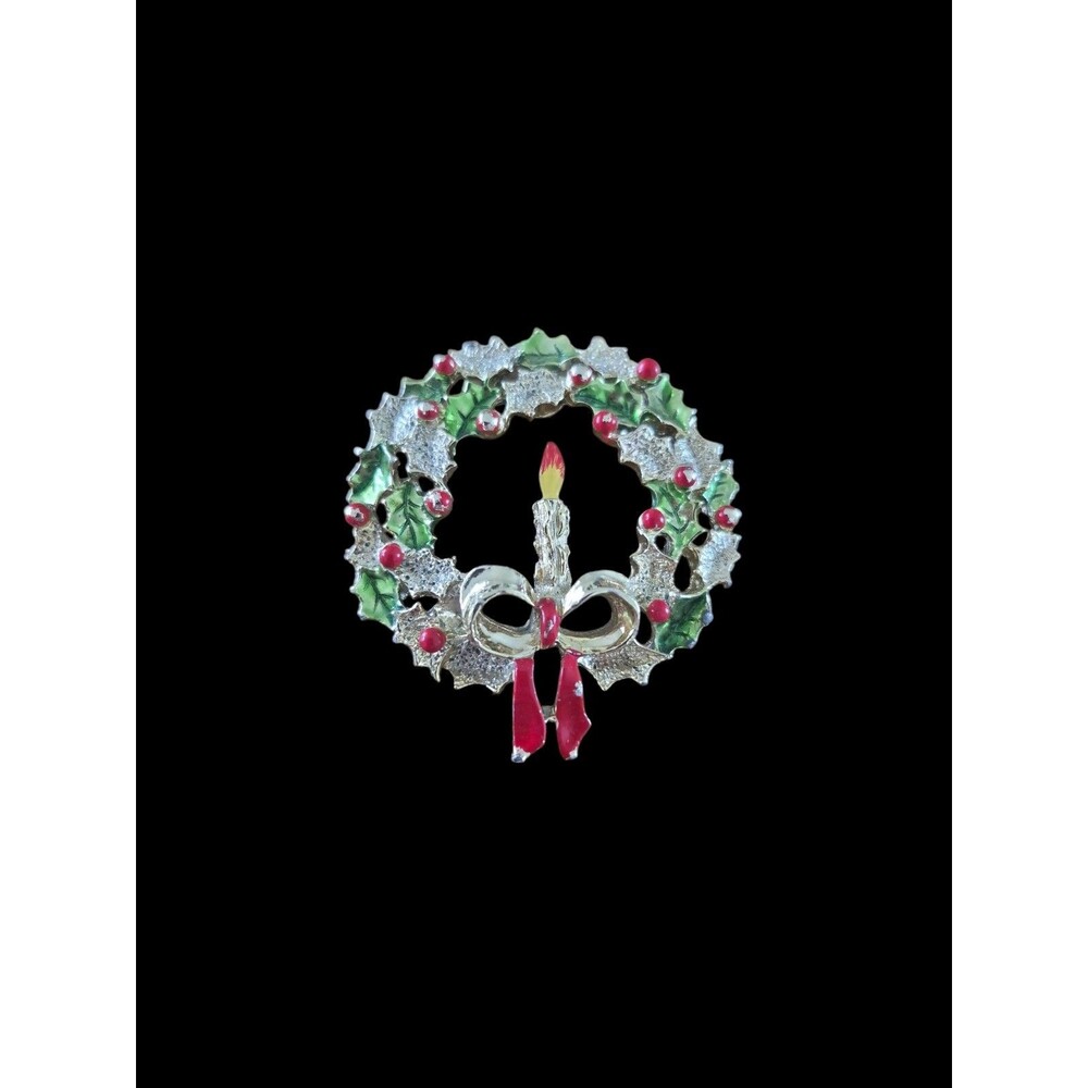 Vintage Christmas Ribbon Brooch Gold Green & Red Tone Rounded Holiday Enamel Pin